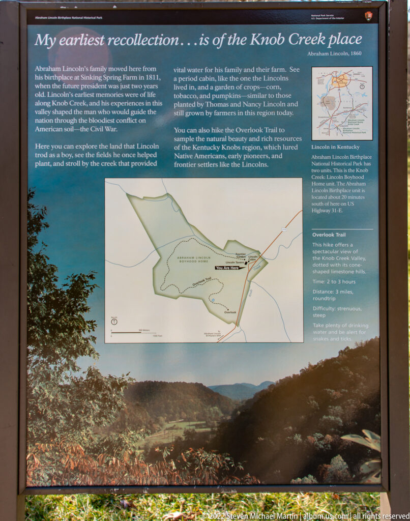 A green panel pairs a large site map and locator map with a valley photograph and Lincoln quotation.