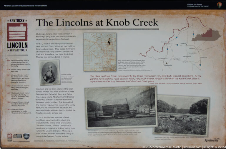 A panel titled “The Lincolns at Knob Creek” combines maps, a portrait, historic cabin images, and text.