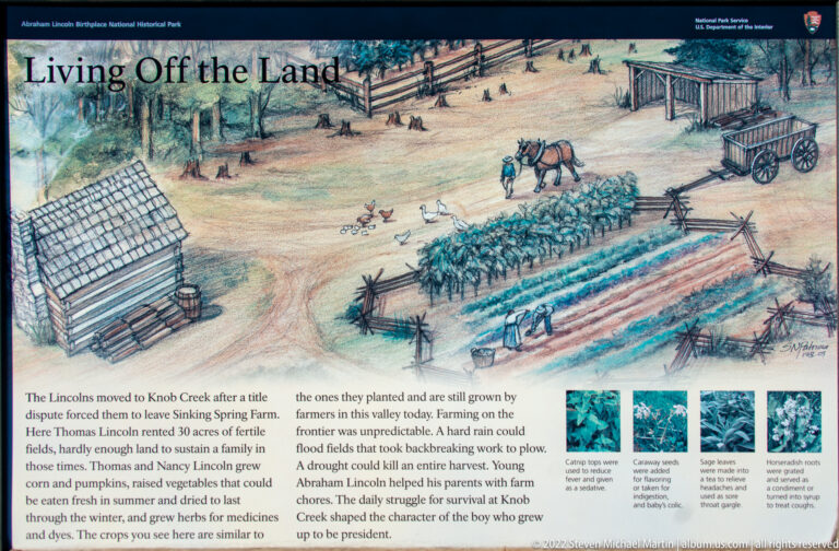 A panel illustrates a farm with crop rows, cabin, livestock, and workers above text and plant photographs.