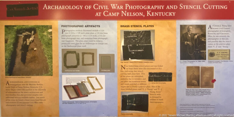 A museum panel combines historic photographs, stencil plates, artifact images, and text about Camp Nelson.