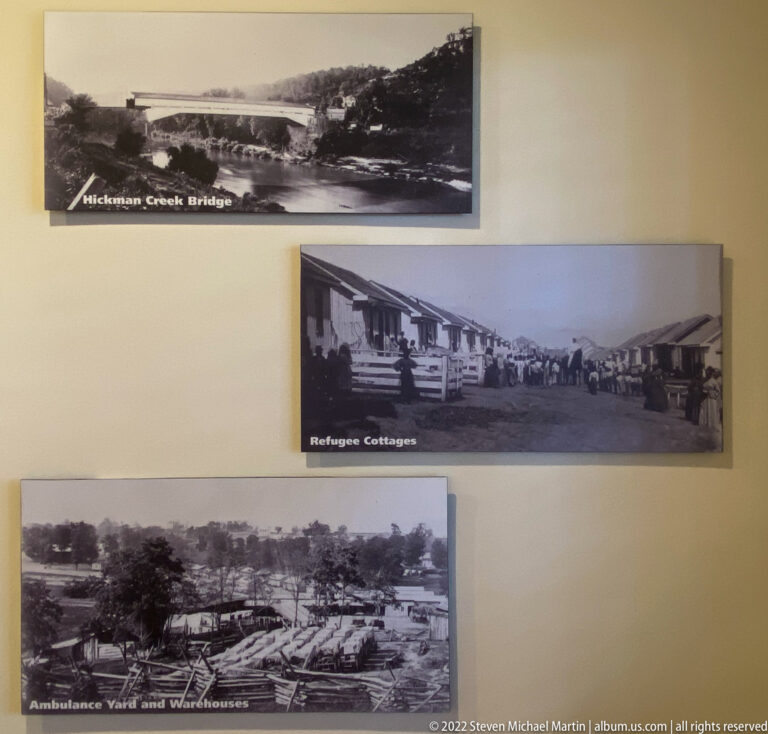 Three black-and-white Camp Nelson photographs show a bridge, refugee cottages, and an ambulance yard with warehouses.