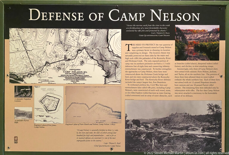 A Defense of Camp Nelson panel combines a large map, fortification plans, historic photographs, and explanatory text.