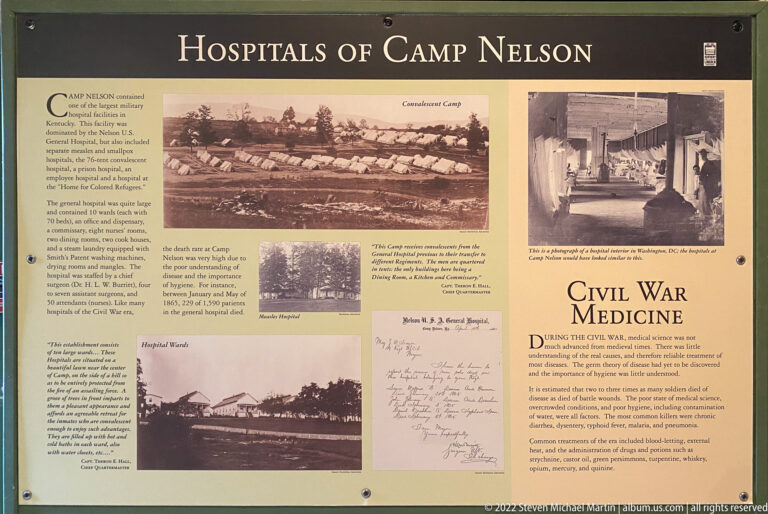 A Hospitals of Camp Nelson panel combines text, archival hospital photographs, a handwritten document, and a Civil War Medicine heading.