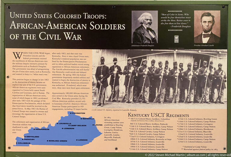 A United States Colored Troops panel features portraits, a group photograph of soldiers, a Kentucky map, and regiment lists.