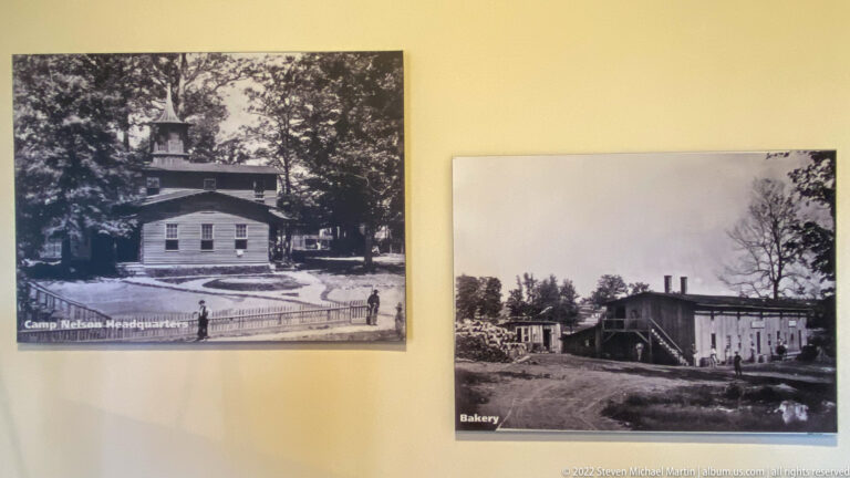 Two archival Camp Nelson views show a fenced headquarters building and a separate structure labeled Bakery.