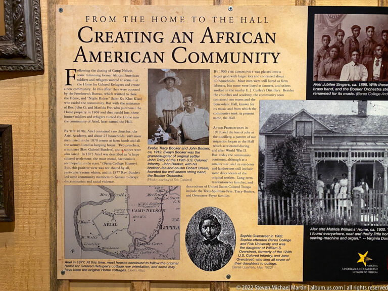 An exhibit titled “Creating an African American Community” pairs historical photographs, portraits, a map, and text.