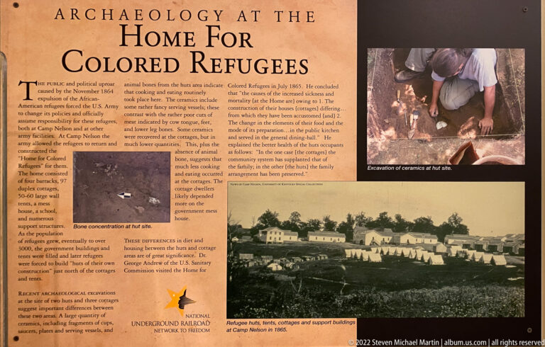 An archaeology exhibit panel combines text, excavation images, artifacts, and a historic view of buildings.