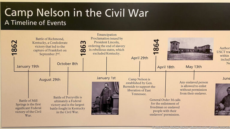 A museum timeline panel lays out Civil War dates from 1862 to 1864 with short text and archival images.