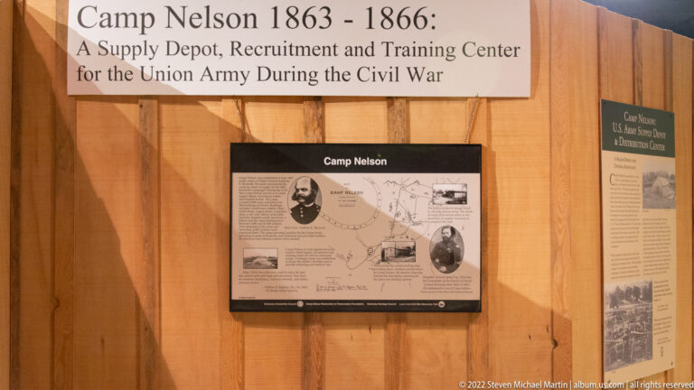 A gallery panel describes Camp Nelson as a Civil War depot and recruitment center above a smaller map-and-portrait display.