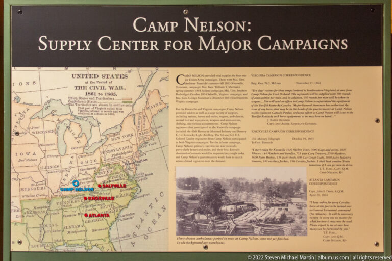 A panel titled “Camp Nelson: Center for Major Campaigns” pairs a regional map with text and an archival camp photograph.