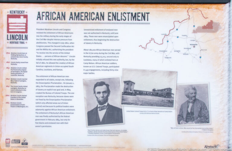 An African American enlistment exhibit panel displays a route map, portraits, and historic photographs.