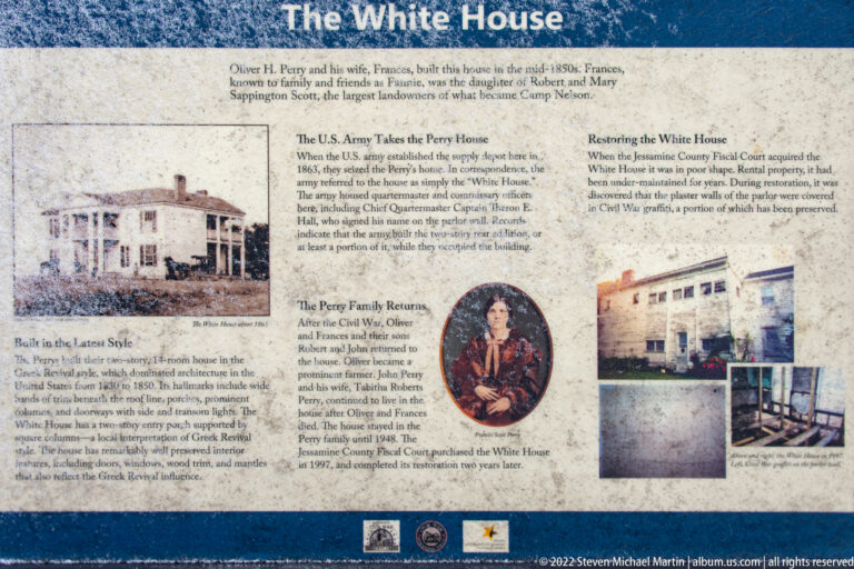 A White House history panel displays archival photographs of the house and interiors alongside a portrait and text.