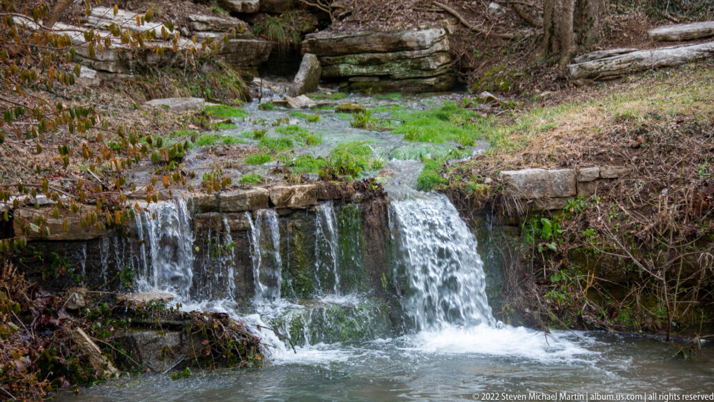 A stream cascades over layered rock ledges into a pool bordered by roots and green groundcover.