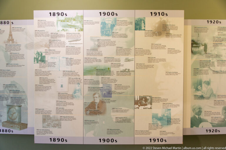 A timeline section covers the 1890s through 1920s with dated entries, small photographs, and illustrations.