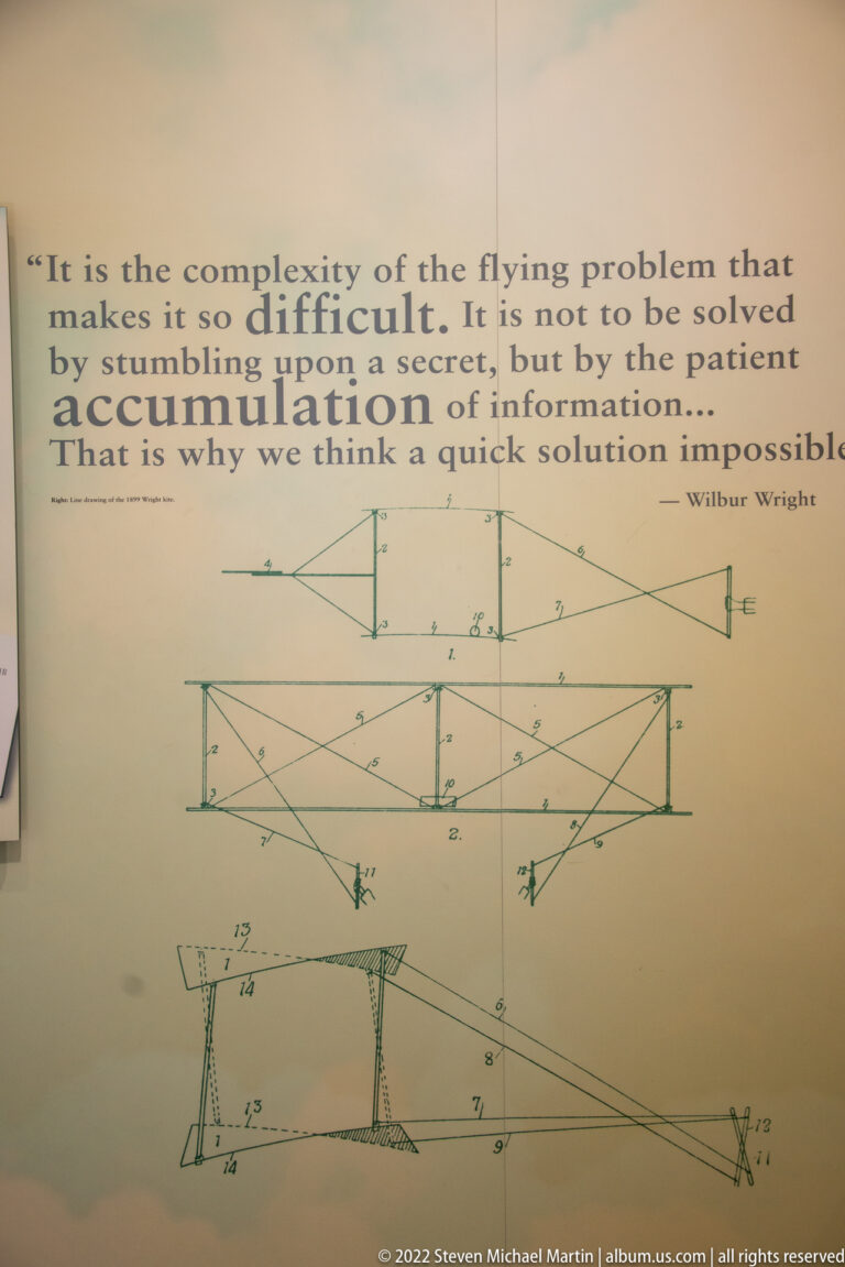 A quotation attributed to Wilbur Wright appears above technical drawings of wing and aircraft-frame designs.
