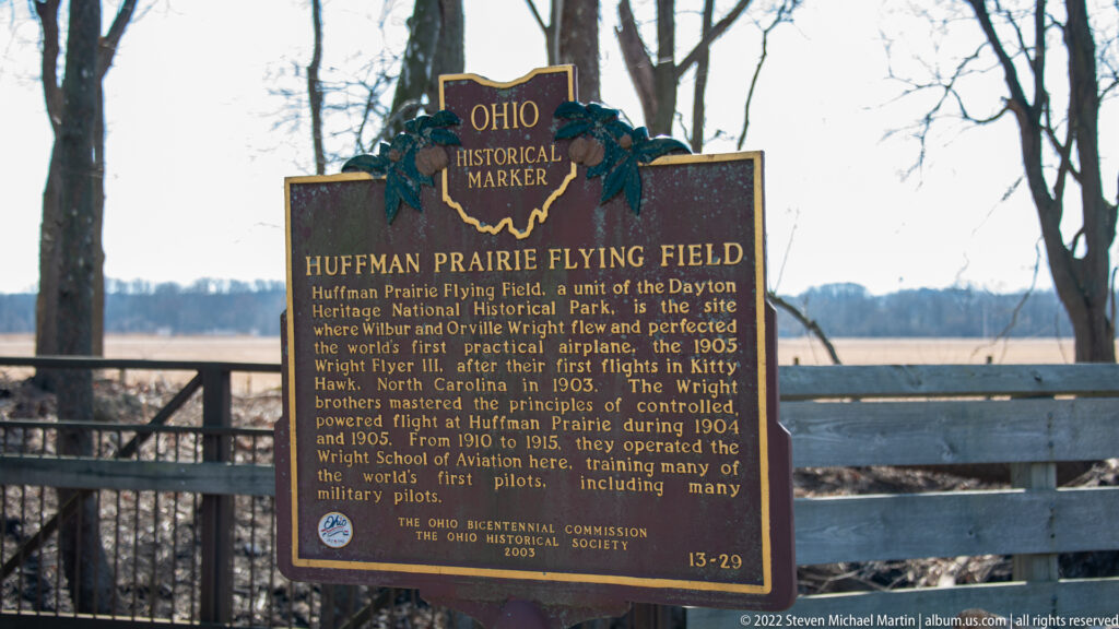 An Ohio Historical Marker identifies Huffman Prairie Flying Field and describes the Wright brothers’ work there.