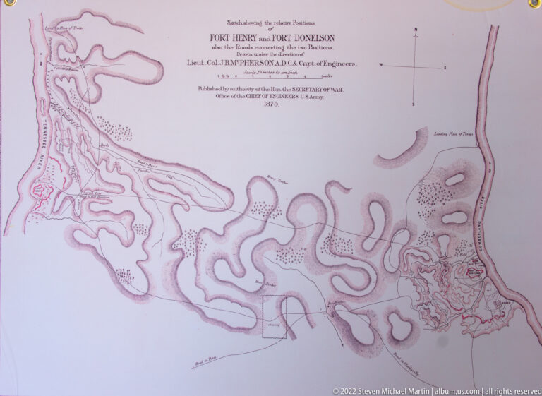 A pale military map charts winding waterways, terrain features, roads, and fortifications near Fort Donelson.