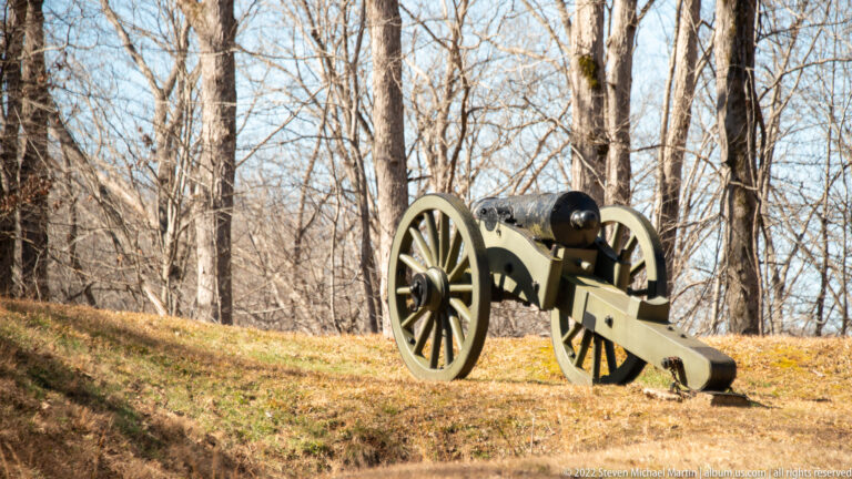 A green field cannon on a two-wheeled carriage stands in a wooded clearing.