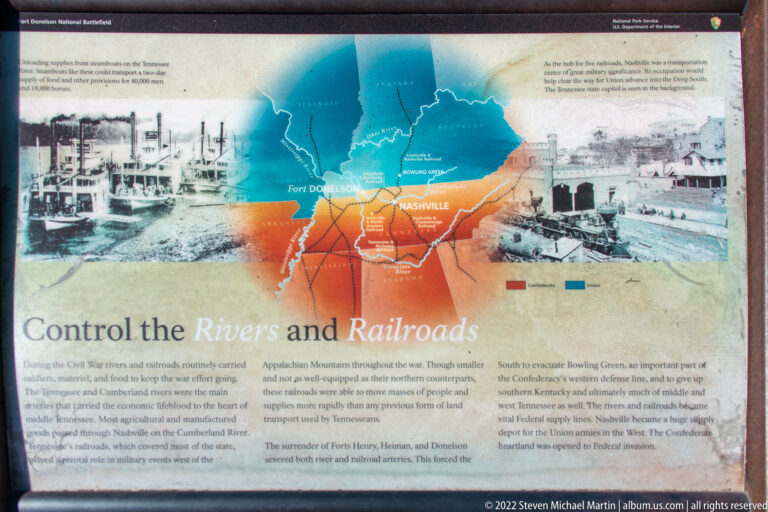 A regional map and historic riverboat photographs fill a panel about control of rivers and railroads.