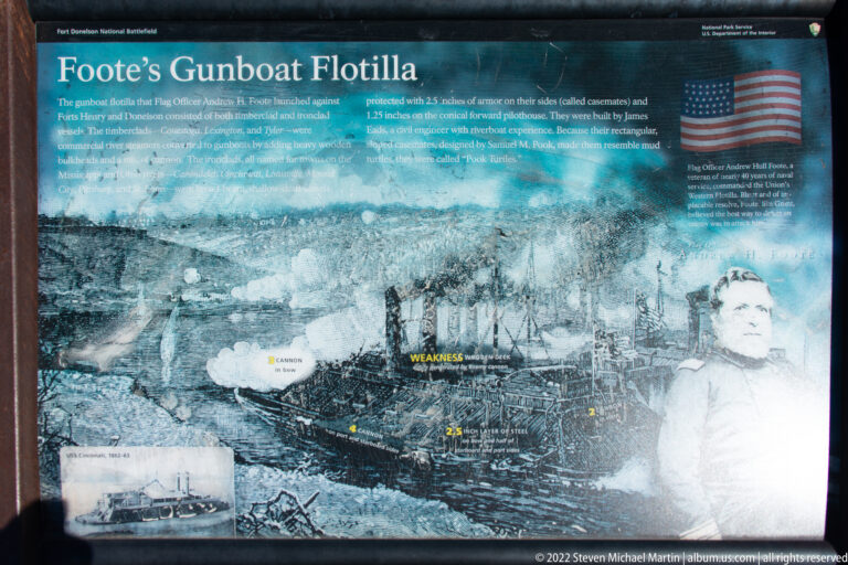 A Gunboat Flotilla panel shows armored river vessels beneath text and a small U.S. flag.
