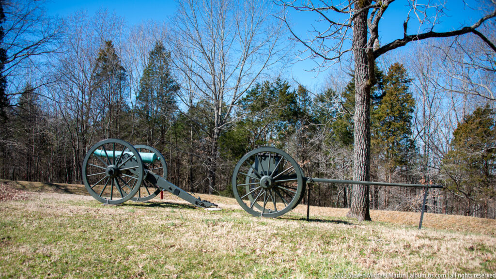 Two green field cannons with spoked wheels stand on grass behind a low metal barrier.