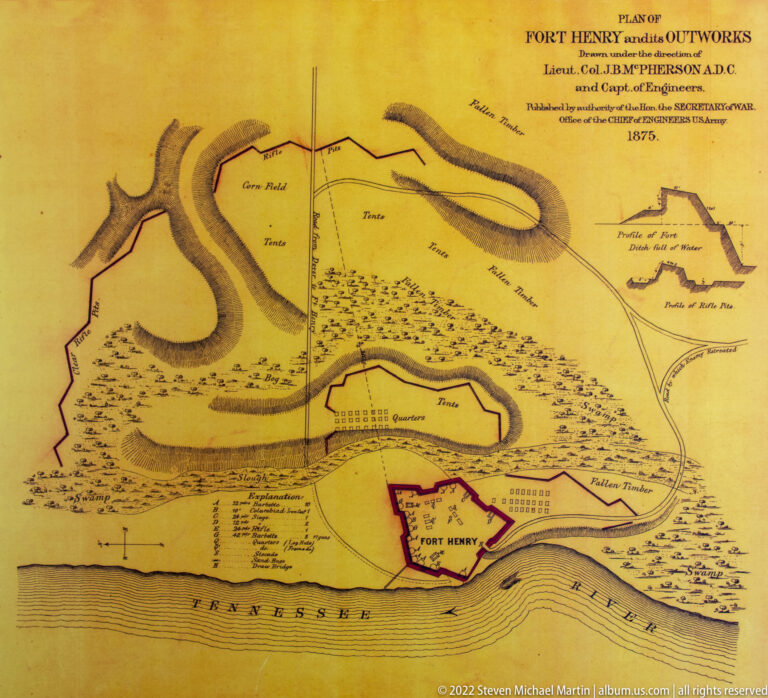 A historic plan of Fort Henry shows a river bend, outworks, and defensive lines on yellowed paper.