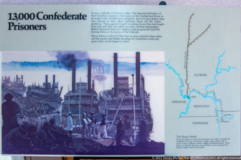 A panel pairs a crowded steamboat scene with a regional map and text about river routes and military positions.