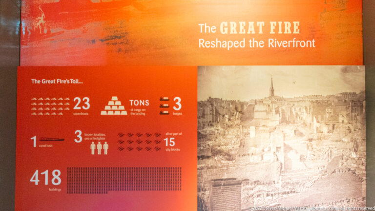 An orange panel pairs a historic riverfront image with figures about the Great Fire’s damage.