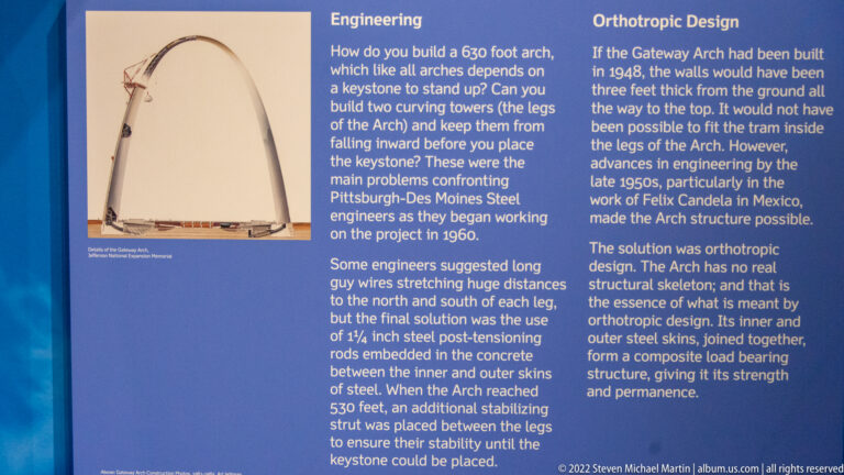 A blue engineering panel combines a Gateway Arch drawing with text about its 630-foot height and structural design.