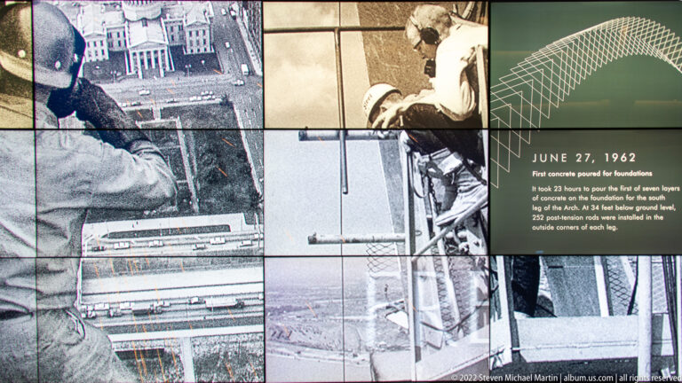 A Gateway Arch construction exhibit combines worker photographs, a foundation image, and a June 27, 1962 date panel.