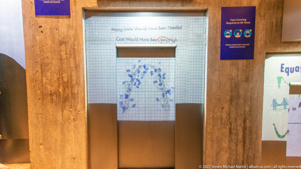 A gridded wall graphic with blue figures presents text about restroom units and cost beside a face-covering notice.