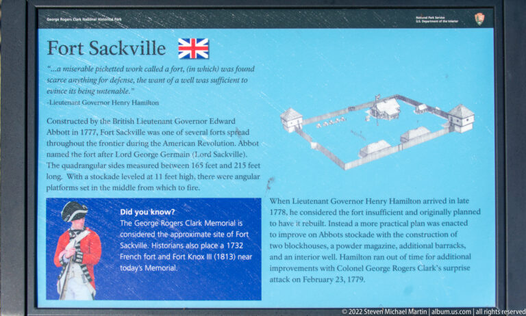 A panel presents a fort plan and text about Fort Sackville and George Rogers Clark.