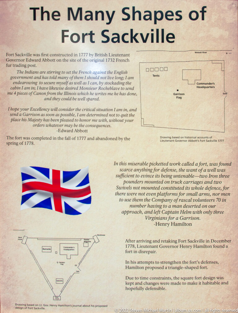 Exhibit panel titled “Many Shapes of Fort Sackville,” with fort diagrams, historical text and a British flag.