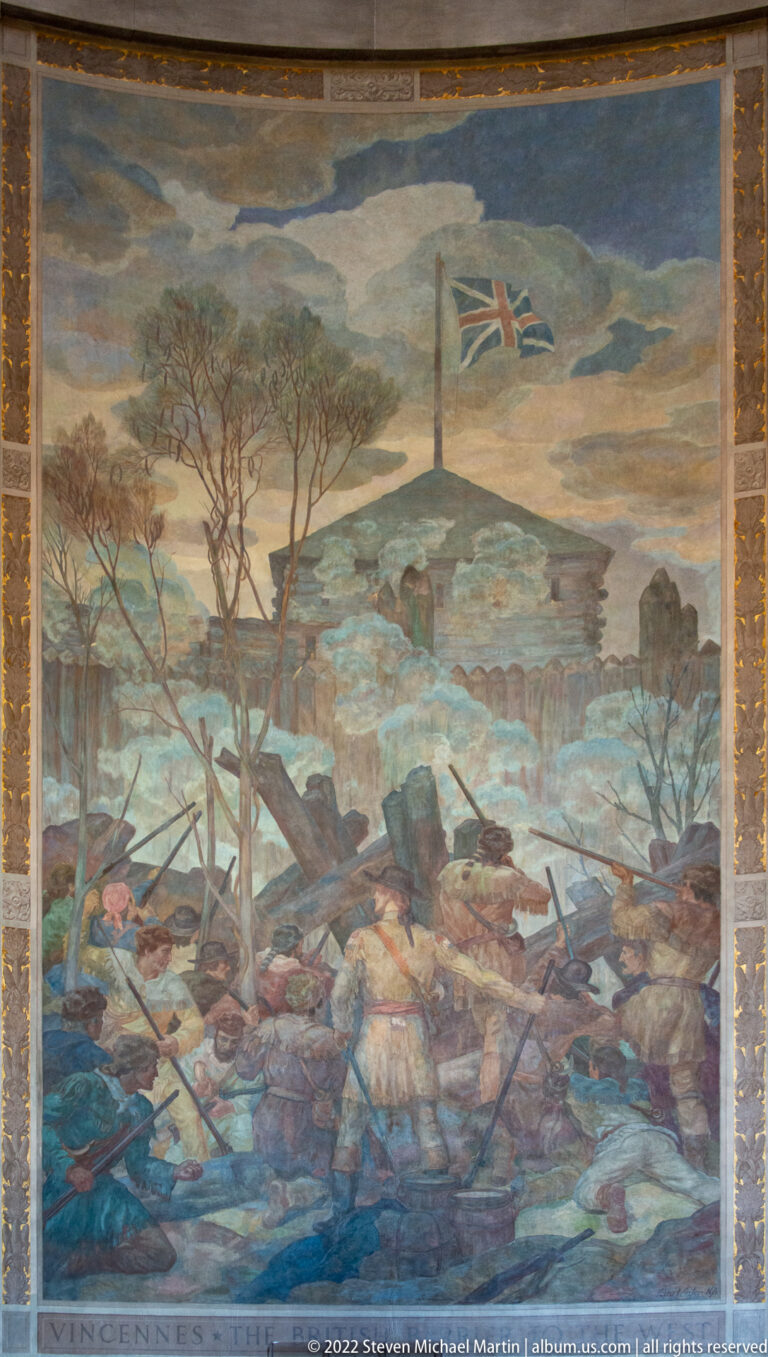 Mural labeled “Vincennes” shows armed figures, fallen timber and a British flag above the scene.