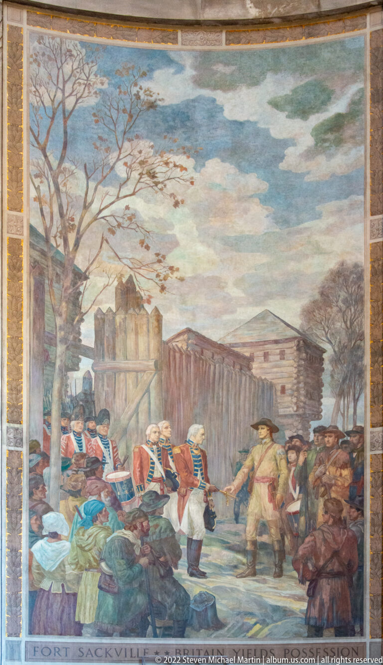 Mural labeled “Fort Sackville” shows people meeting before a tall timber palisade.