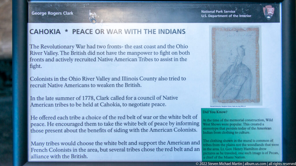 Exhibit panel about Clark’s Cahokia council, with text, a portrait and a green fact box.