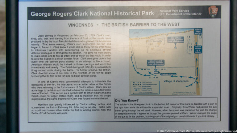 Framed panel about Vincennes with a route map, historical text and a lower-right fact box.