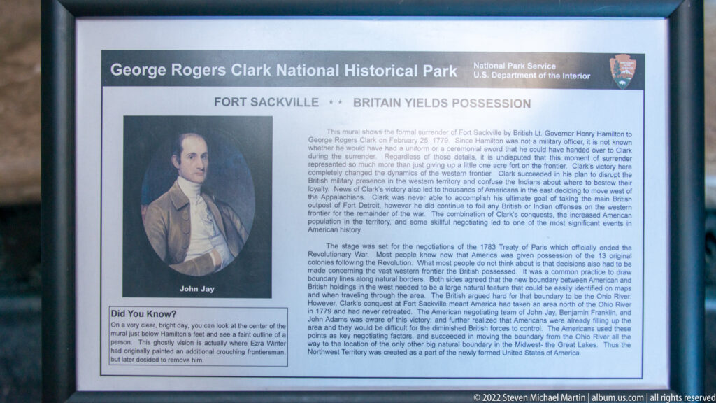 Panel titled “Fort Sackville • Britain Yields Possession,” with a portrait labeled John Jay and explanatory text.