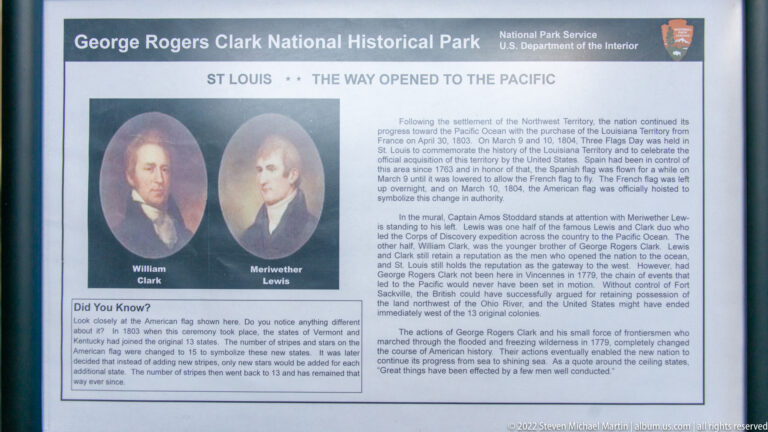 Interpretive panel with portraits labeled William Clark and Meriwether Lewis beside text on western expansion.