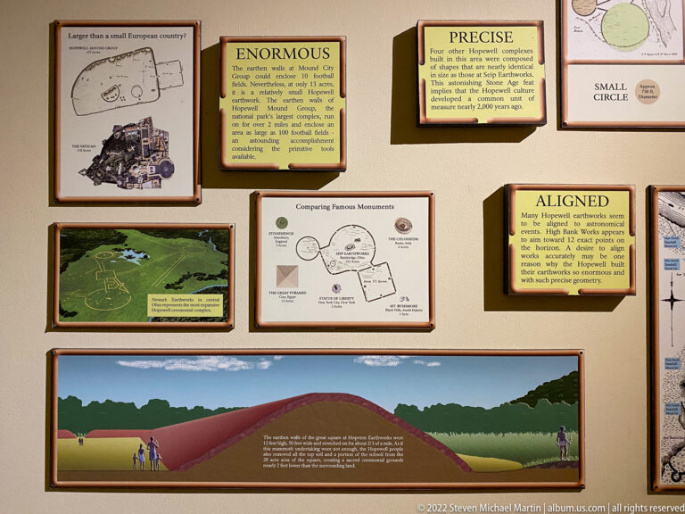 Multiple panels combine earthwork plans, a landscape illustration, and words describing scale and alignment.