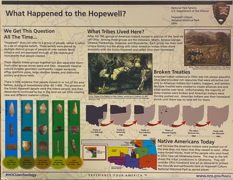 A museum panel combines a regional map, artifact images, treaty timeline, and text on Native histories.