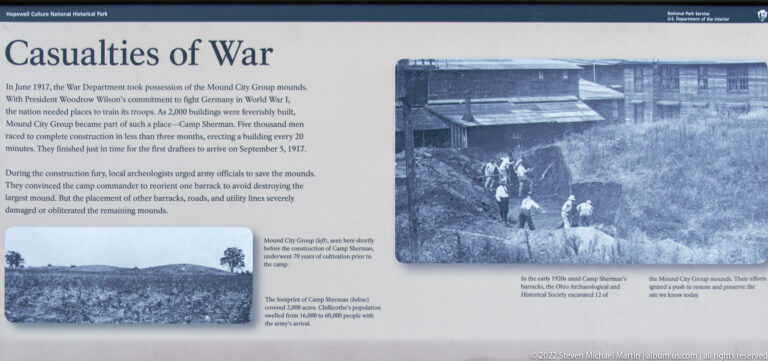 A War exhibit panel pairs archival photographs of Camp Sherman with text about the mounds.
