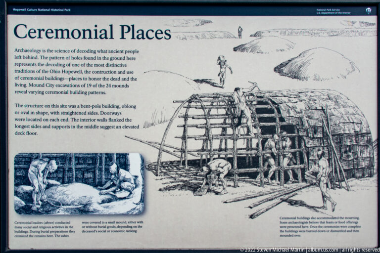A panel illustrates people building a large timber-framed structure with a curved roof.