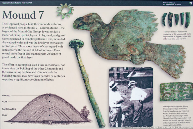 A panel about Mound 7 displays copper objects, a layered mound diagram, and a historic photograph.