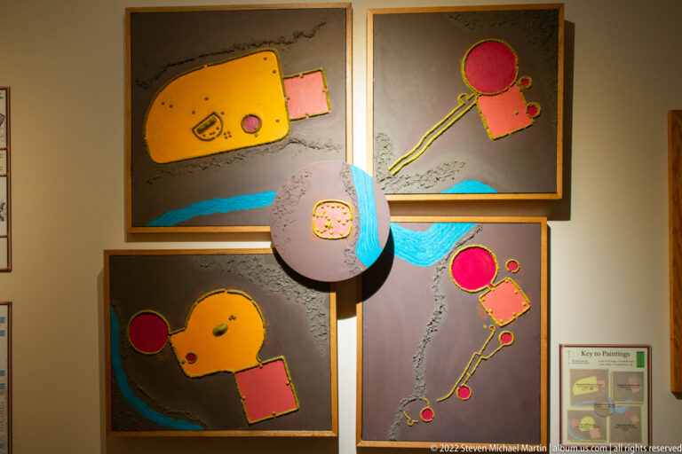 Colorful diagrams of geometric earthworks surround a raised central model on a museum wall.