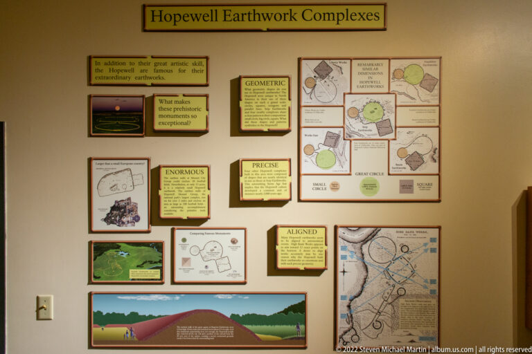Museum wall display titled “Hopewell Earthwork Complexes,” with diagrams, maps and a long mound profile.