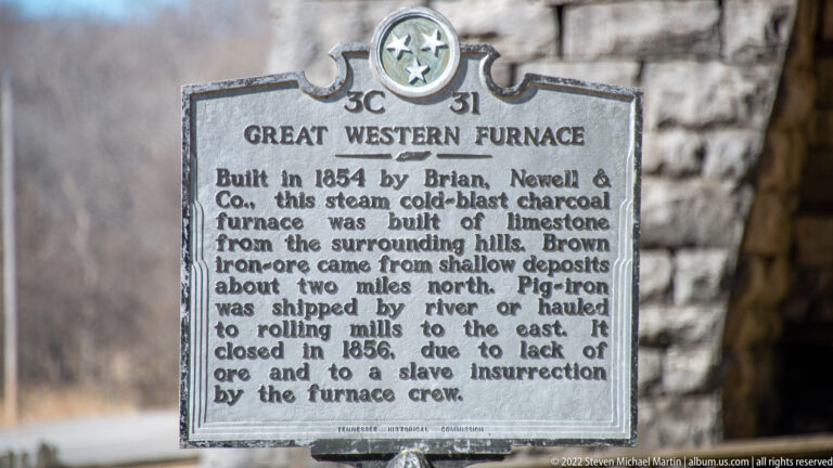 A close view of the Great Western Furnace marker shows its text and emblem.