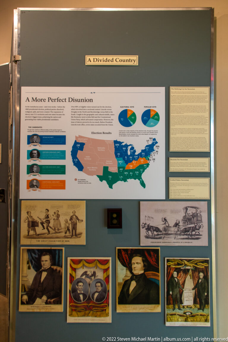 Museum display titled “A Divided Country,” with an election map, party panels and historical prints.