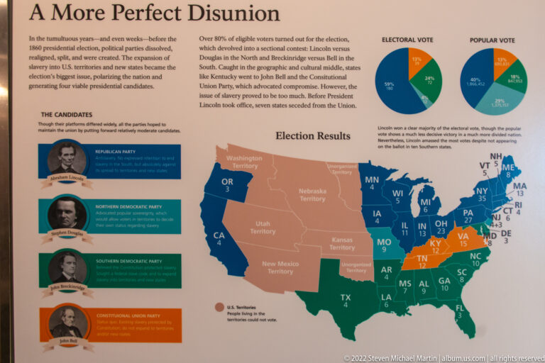 Color-coded 1860 election map with electoral and popular vote charts and candidate panels.