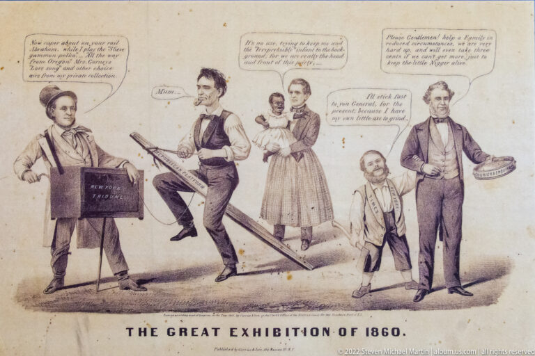 Sepia political cartoon titled “The Great Exhibition of 1860,” with several figures and speech balloons.